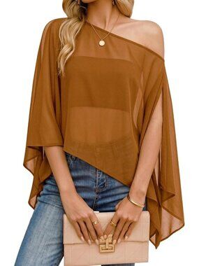 Women's Light Brown Off Shoulder Chiffon Batwing Slit Sleeve Sheer Loose Blouse
